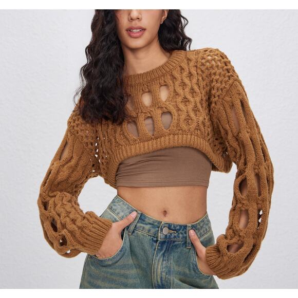Cider Brown Open Knit Cropped Sweater MEDIUM Grunge Boxy Oversized NEW - Picture 1 of 5
